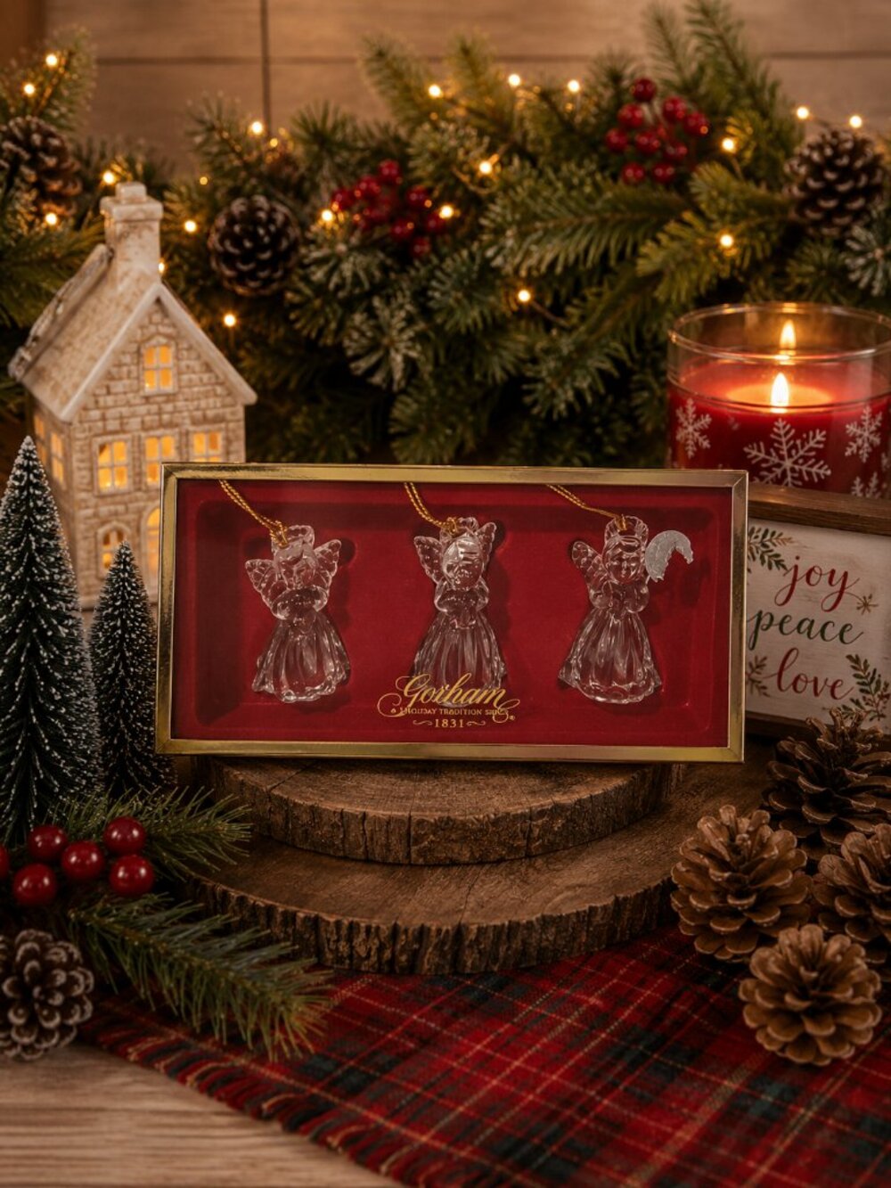 set of three Gorham crystal angel ornaments with gold cords and tassels - Picture 1 of 1